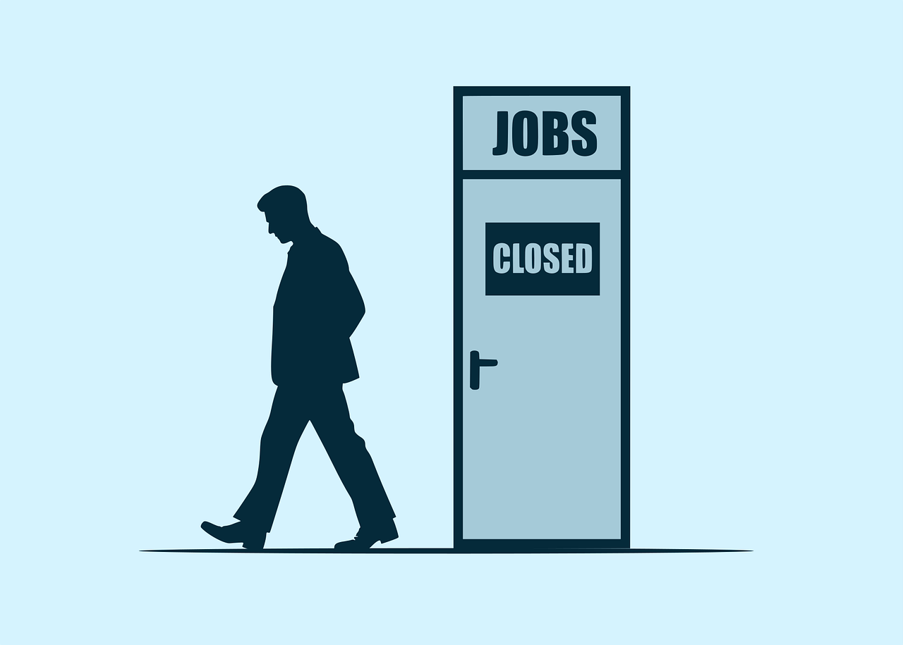 unemployment, business, career, silhouette, job loss, closed, jobs, opportunity, economy, crisis, layoff, fired, person, man, walking, door, sign